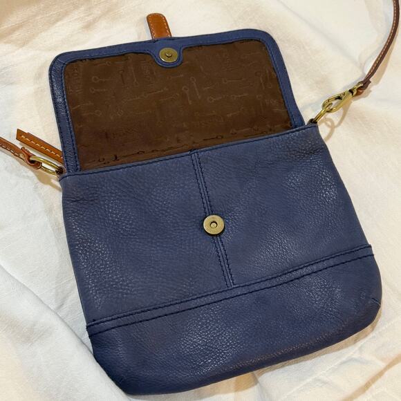 Fossil Blue Pebbled Leather Crossbody Bag Brown Trim Vintage Style - Picture 4 of 15